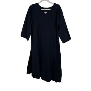B'Gauze Cotton Midi Dress‎ V Neck 3/4 Sleeve Lagenlook Black Minimalist Size 1